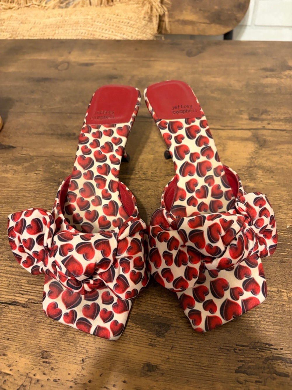 Jeffrey Campbell Red Heart-Print Knot Slide Sandals on Cream